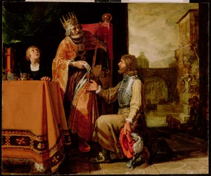 ダビデ王、ウリアへの手紙を渡す、1611年（パネルにペイント）